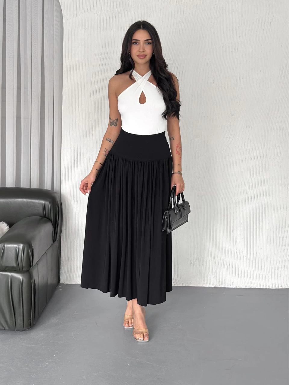Sandy Uzun Beli Lastikli Yüksel Bel Etek Yazlık - Siyah