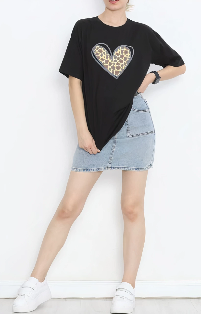Special Design Leopard Heart Printed T-shirt For Valentine Day - Black