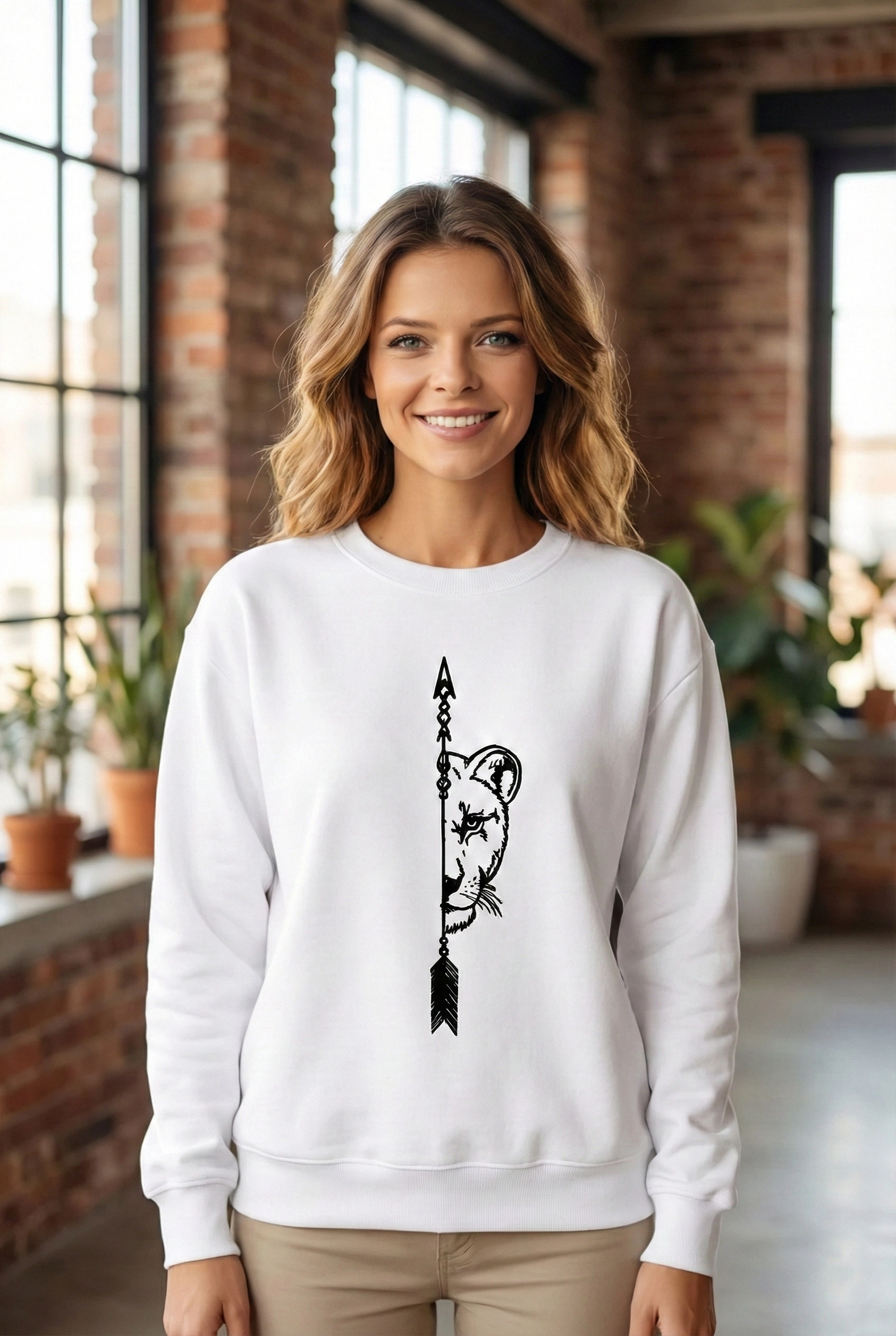 Sevgililer Günü Özel Bisiklet Yaka Aslan Baskılı Oversize Sweatshirt - Beyaz