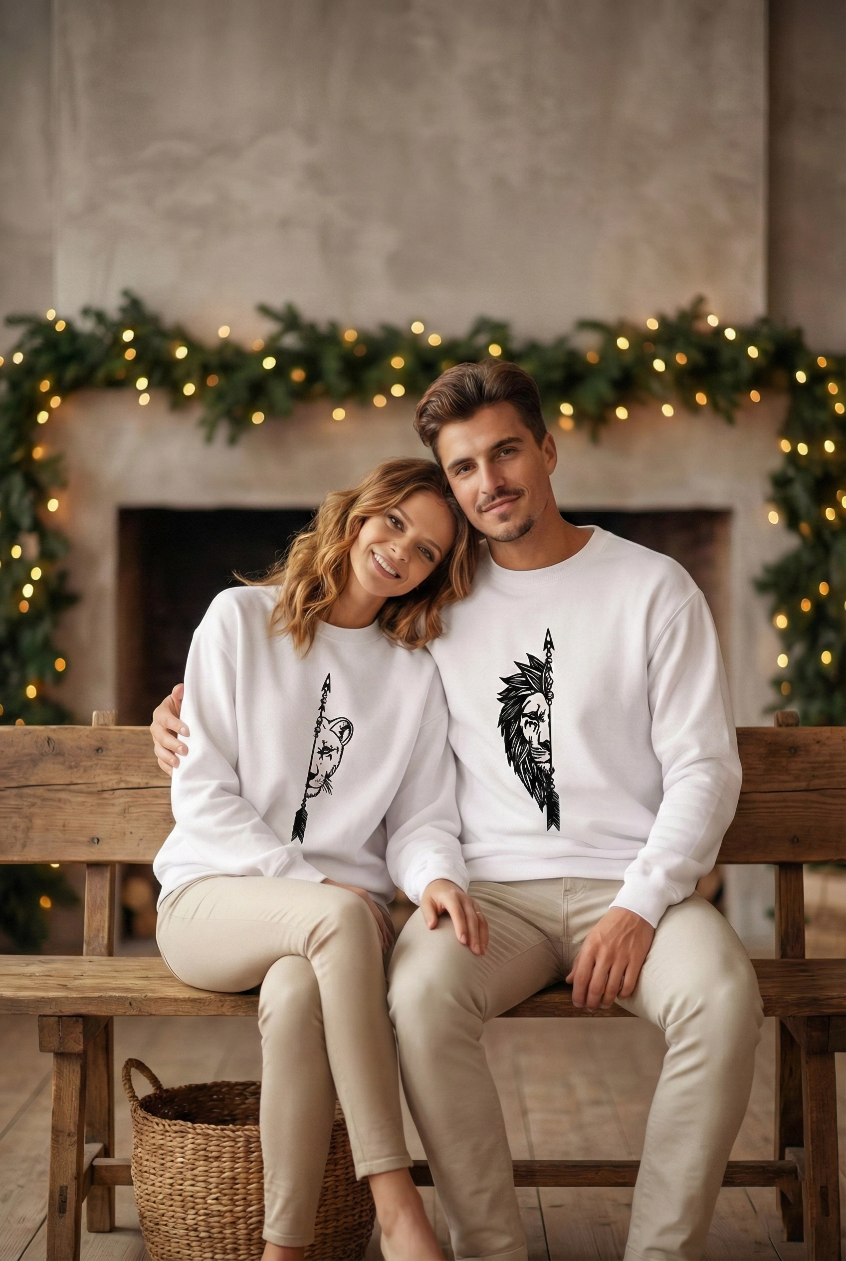 Sevgililer Günü Özel Bisiklet Yaka Aslan Baskılı Oversize Sweatshirt - Beyaz