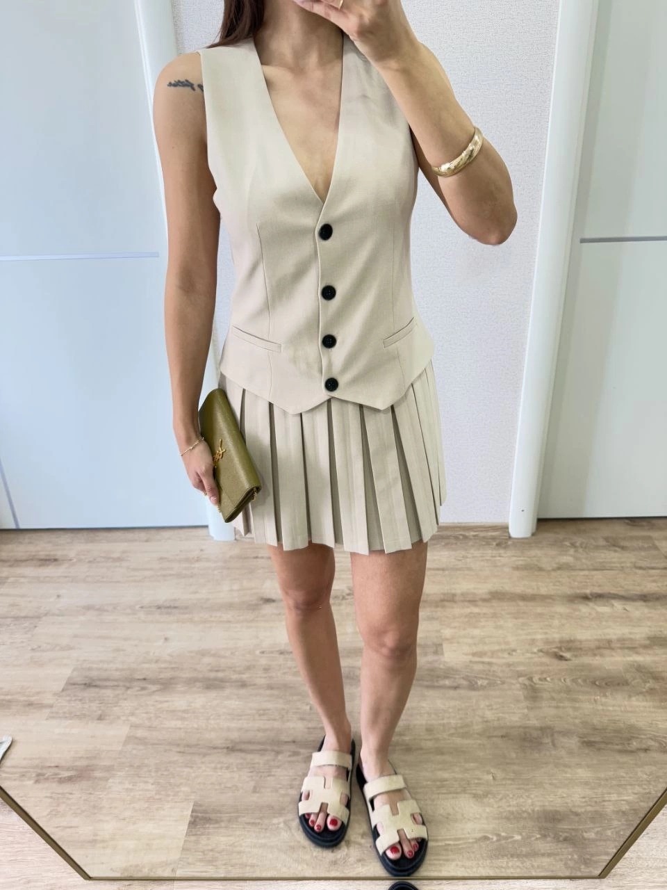 Keten Takım Görünümlü Düğme Detaylı Yelekli Mini Elbise - Bej