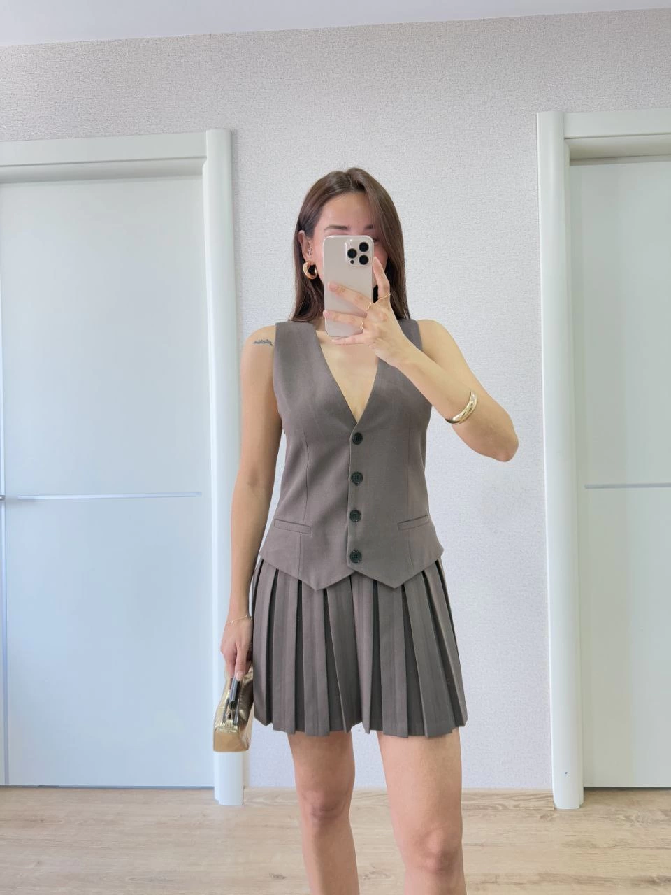 Keten Takım Görünümlü Düğme Detaylı Yelekli Mini Elbise - Füme