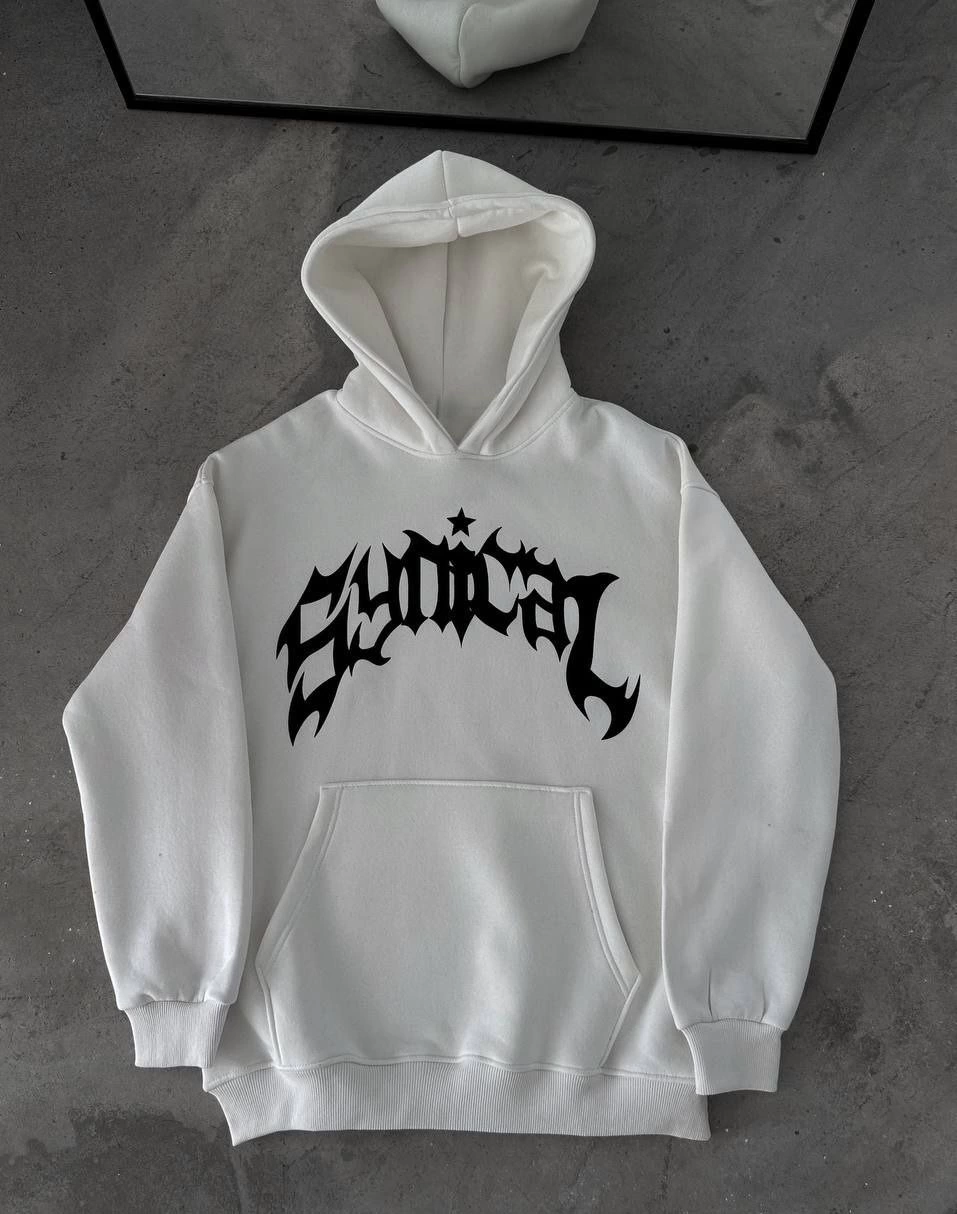 Üç İplik Kapüşonlu Baskılı Oversize SweatShirt- Beyaz