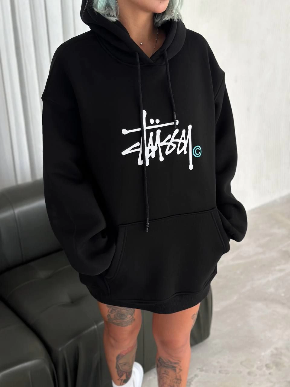 Three Yarn Hooded Printed SweatShirt - Black