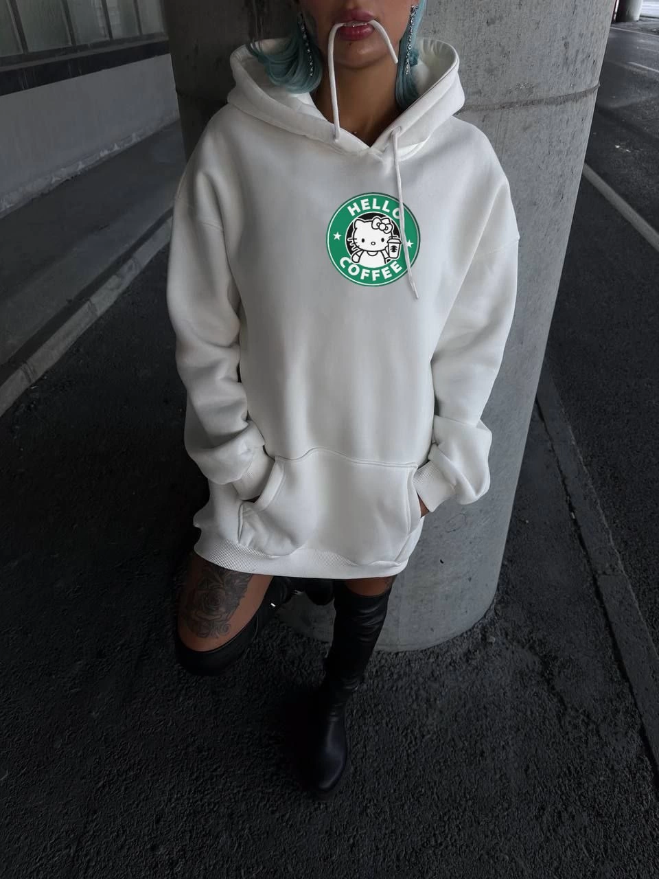 Üç İplik Penye Uzun Kol Kapüşonlu SweatShirt - Beyaz