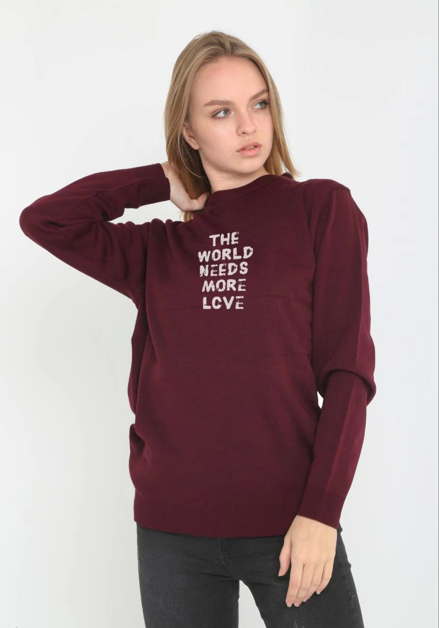 Unisex Bike Collar Printed Woven Sweater - Bordo