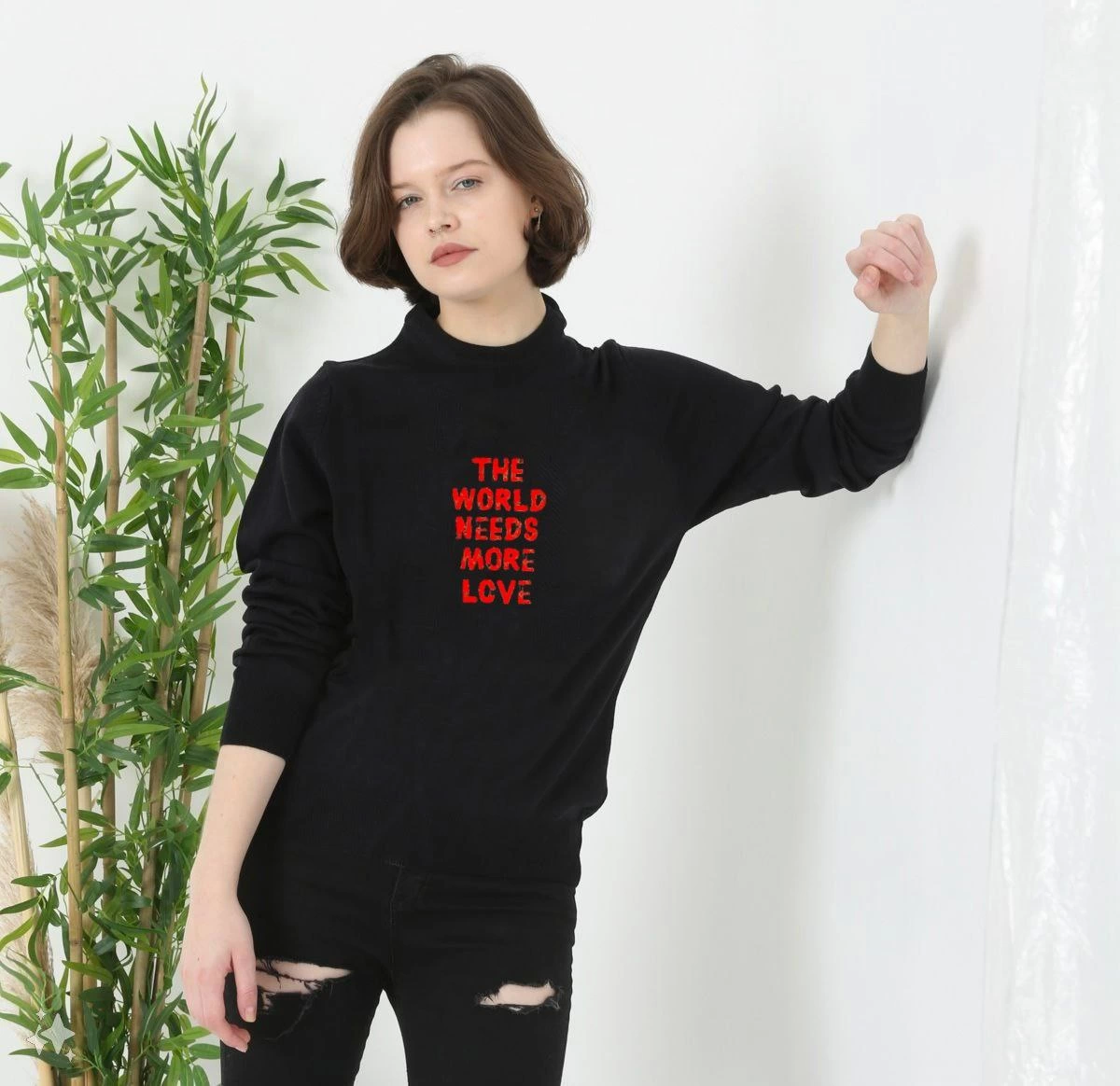 Unisex Bike Collar Printed Woven Sweater - Black