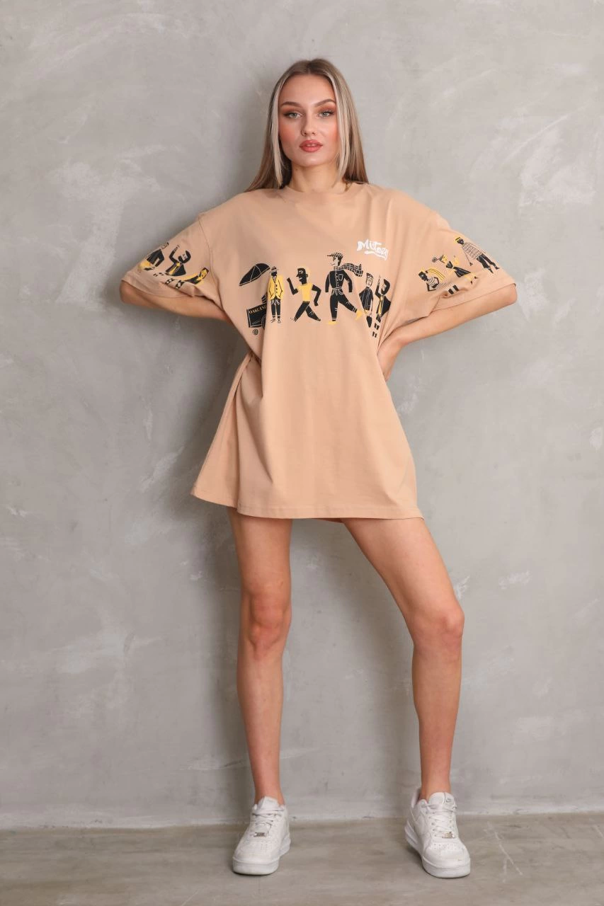 Unisex Bike Collar Printed Oversize T-Shirt - Beige
