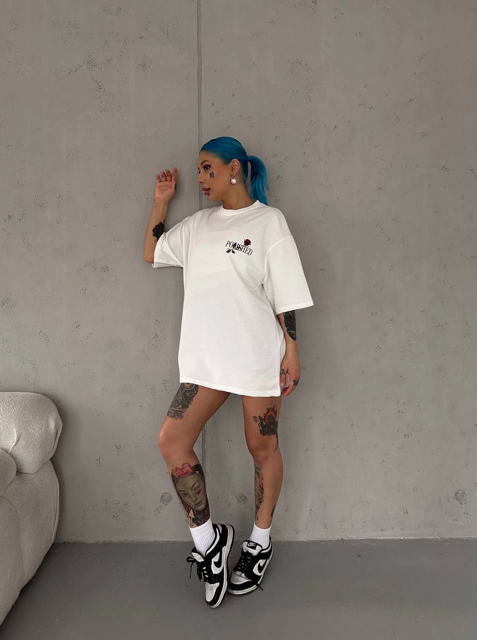 Unisex Bike Collar Printed Oversize T-Shirt - White