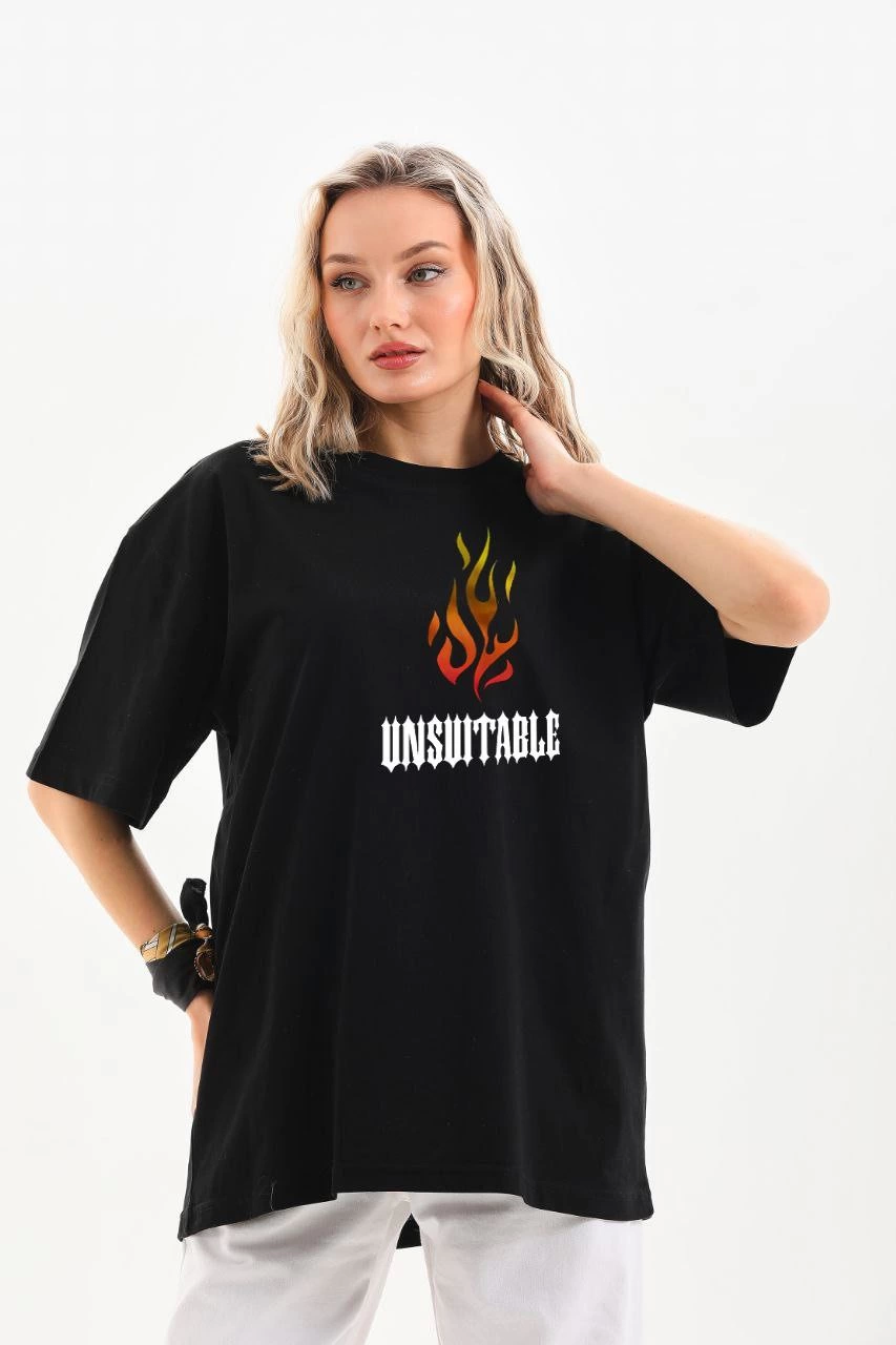 Unisex Bike Collar Printed Oversize T-Shirt - Black