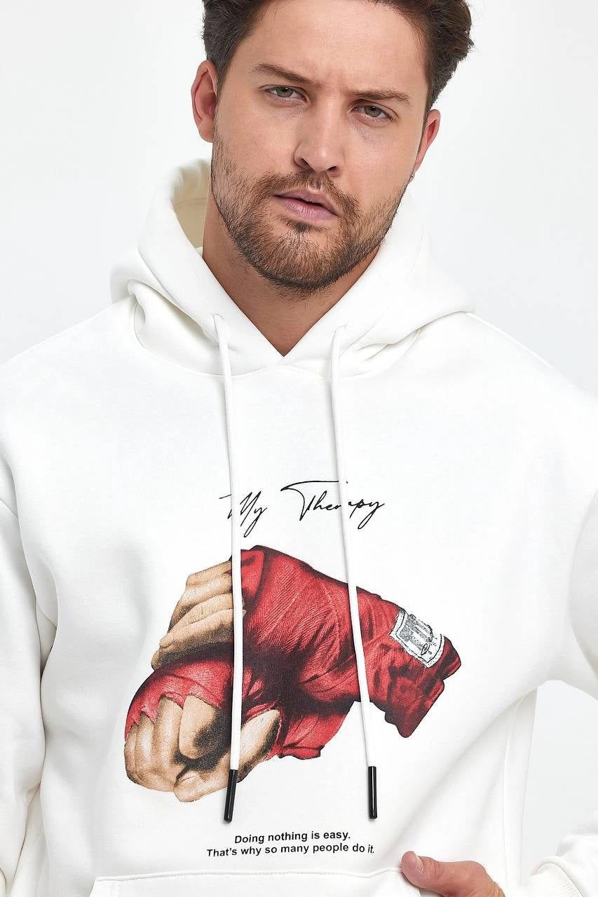 ERKEK Kapüşonlu Üç İplik Oversize Baskılı Sweatshirt - Beyaz