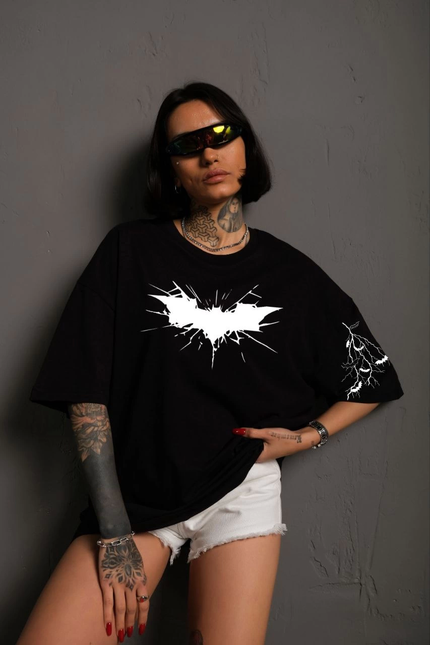 Unisex Front And Sleeve Printed Oversize T-shirt - Black