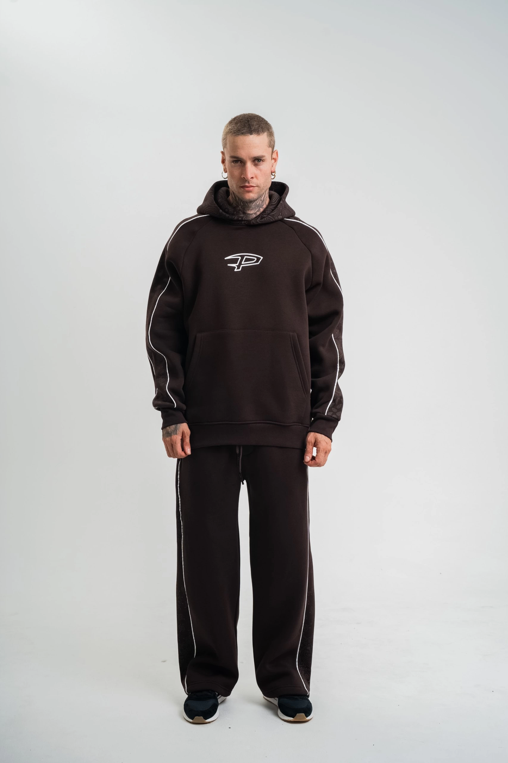 Uzun Kol Kapşonlu Ara Biyeli Baggy Eşofman Takım - Kahve