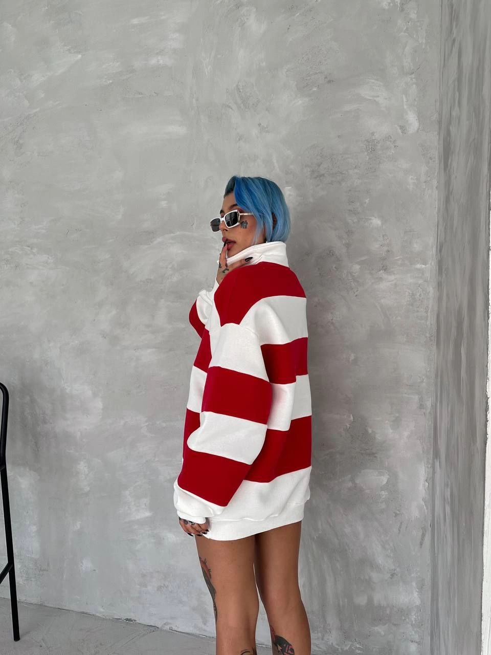 Kadın Üç İplik Parçalı Yakalı SweatShirt - Kırmızı