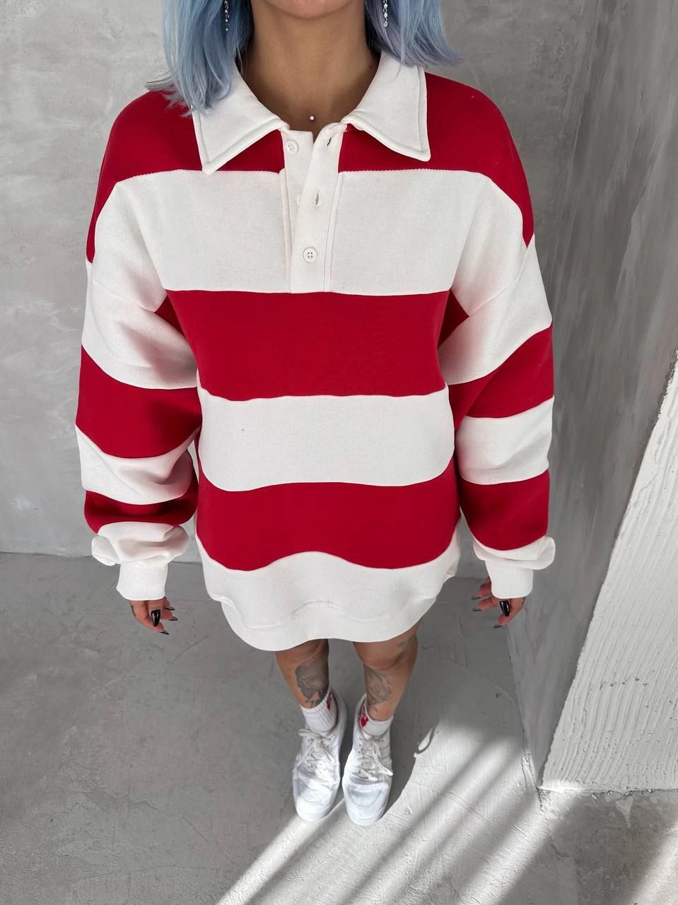 Kadın Üç İplik Parçalı Yakalı SweatShirt - Kırmızı