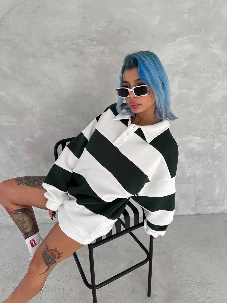 Kadın Üç İplik Parçalı Yakalı SweatShirt - Yeşil