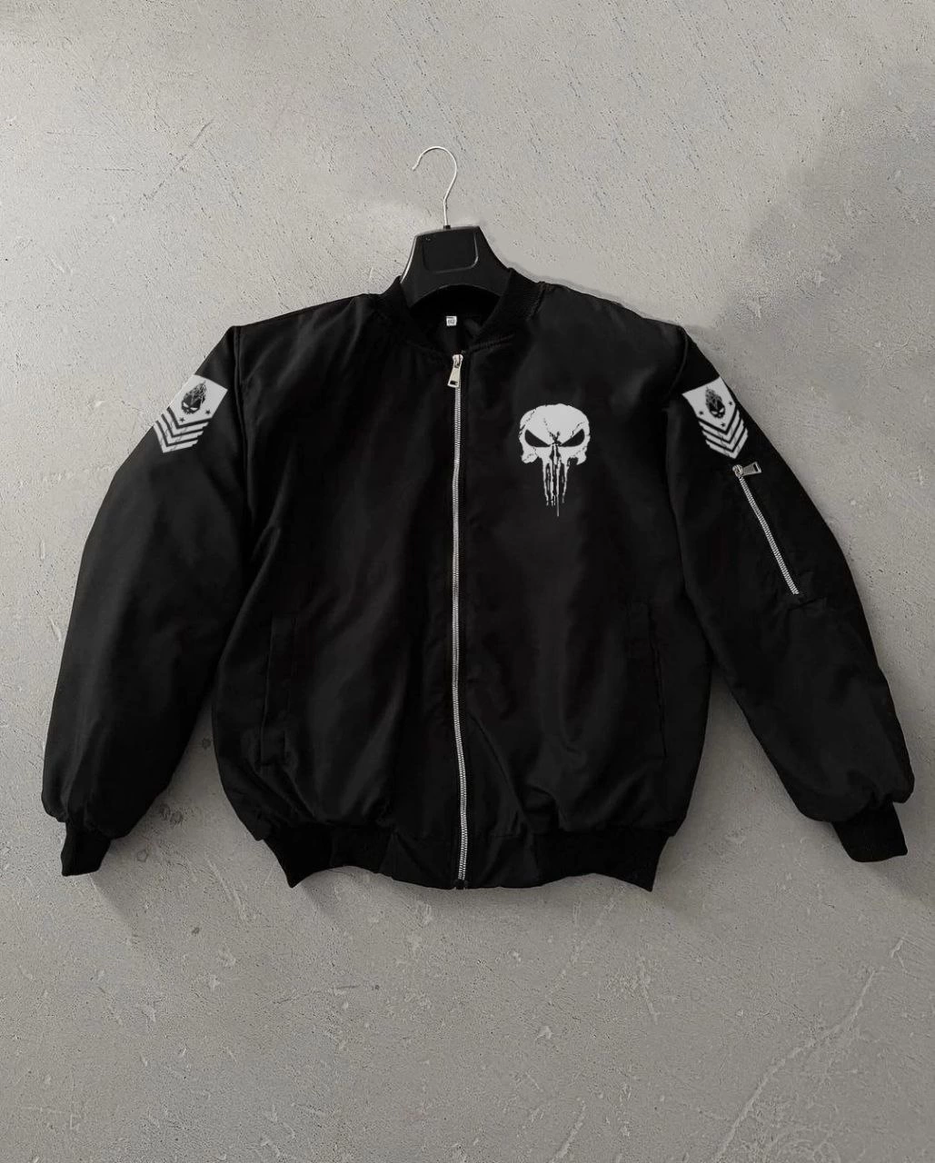 ERKEK Siyah Askeri Tarz Bomber Mont – Punisher Skull Detaylı, Fermuarlı, Cepli, Bahar ve Kışlık - Siyah