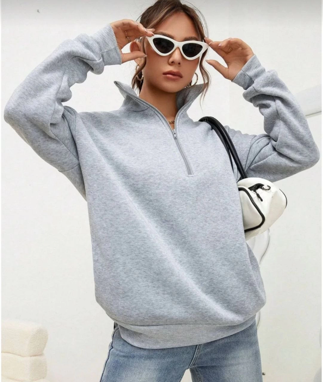 Kadın Uzun Kol Yarım Farmuarlı Yakalı Basic SweatShirt - Gri