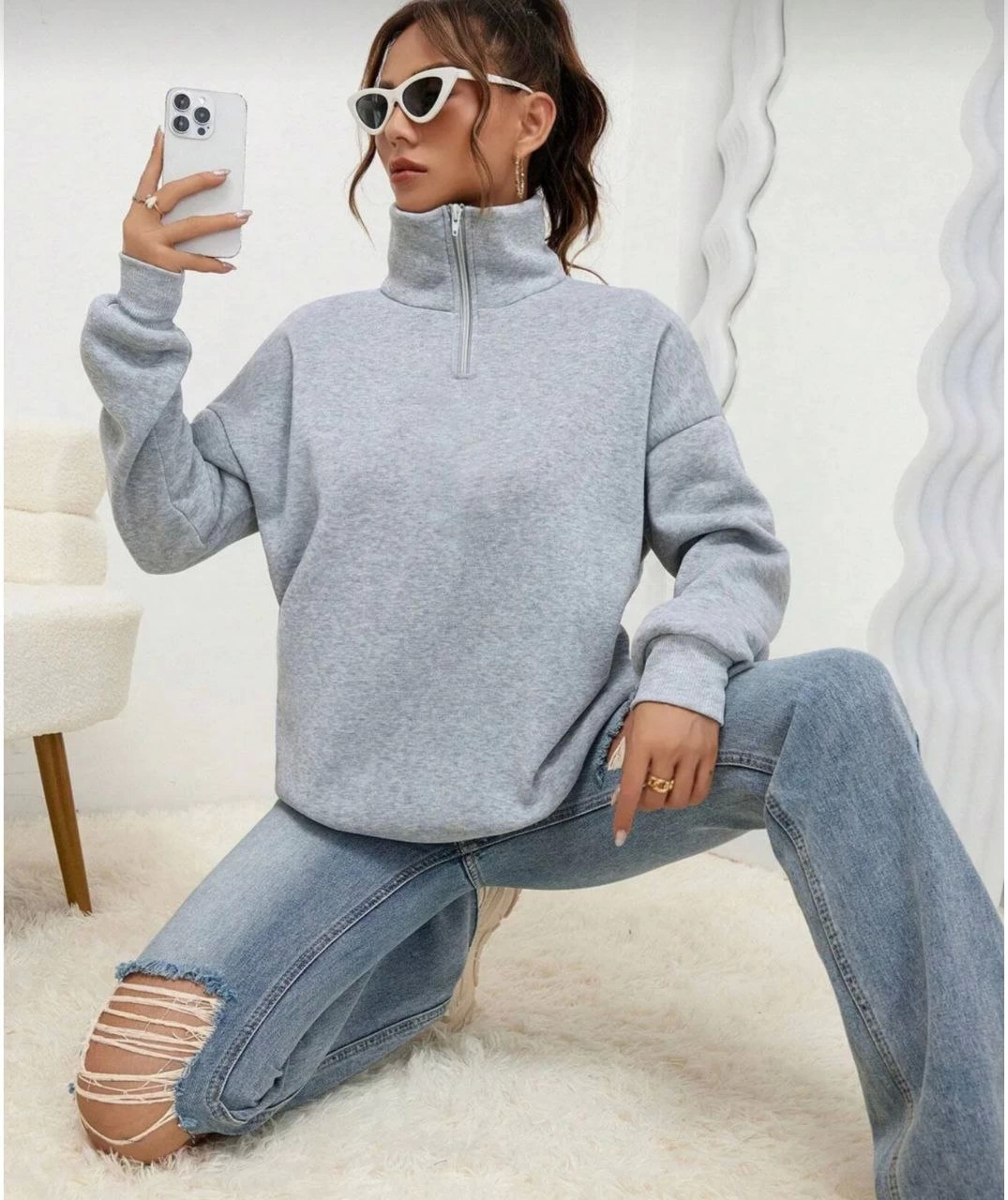 Unisex Long Sleeve Half Farmed Collar Basic SweatShirt - Grey