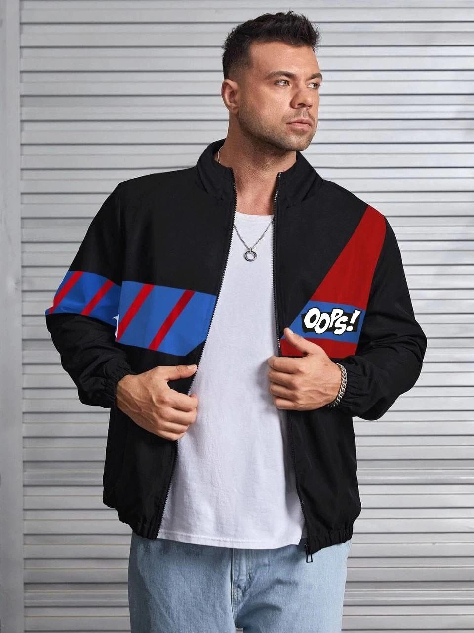 ERKEK Uzun Koll Fermuarlı Baskılı Rüzgarlik - Siyah