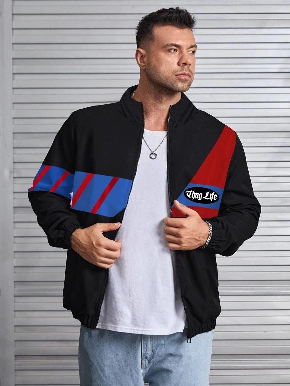 ERKEK Uzun Koll Fermuarlı Baskılı Rüzgarlik - Siyah