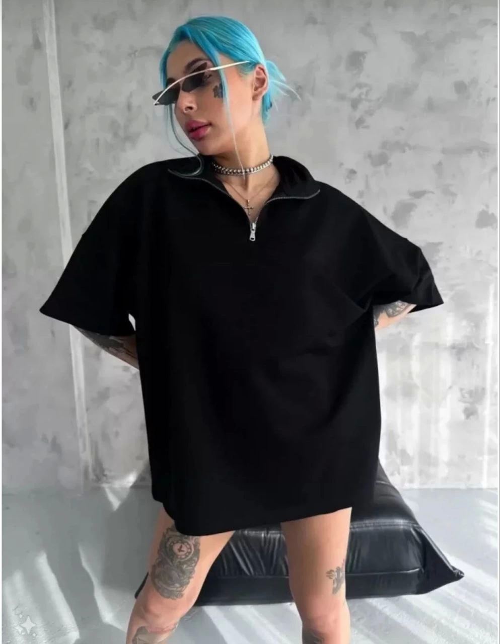 Unisex Half Zipper Plain Oversize T-Shirt - Black