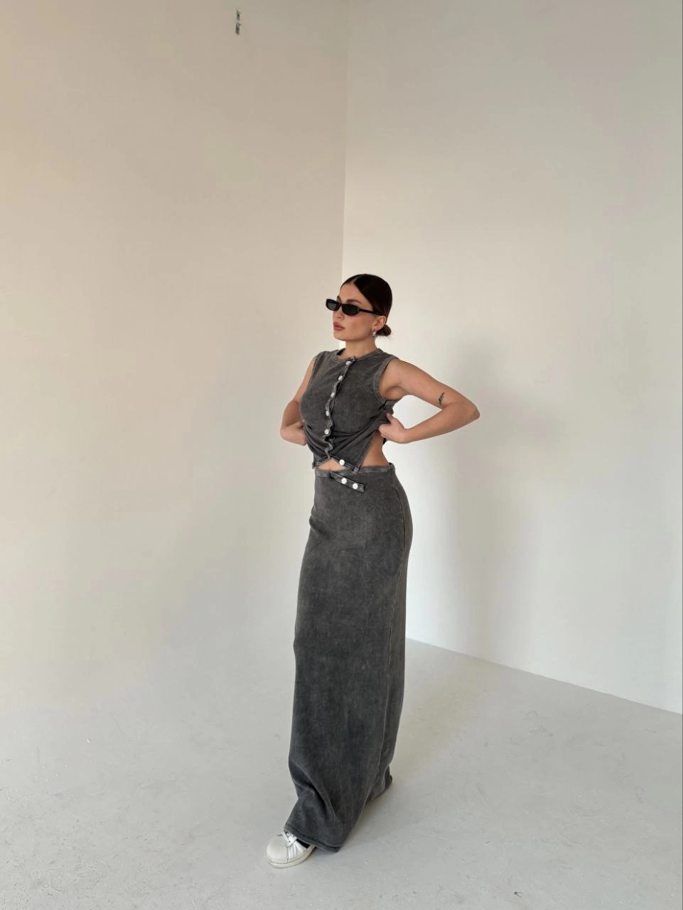 Long Skirted Front Button Badi Binary Suit- Anthracite