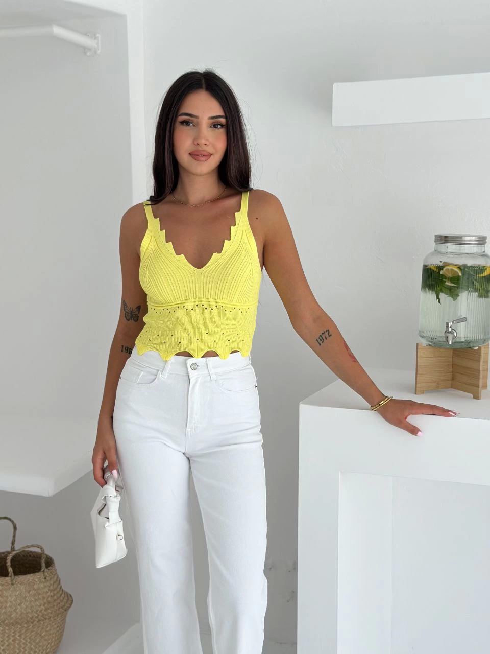 V Collar Strap Back Outdoor Knit Crop - Yellow