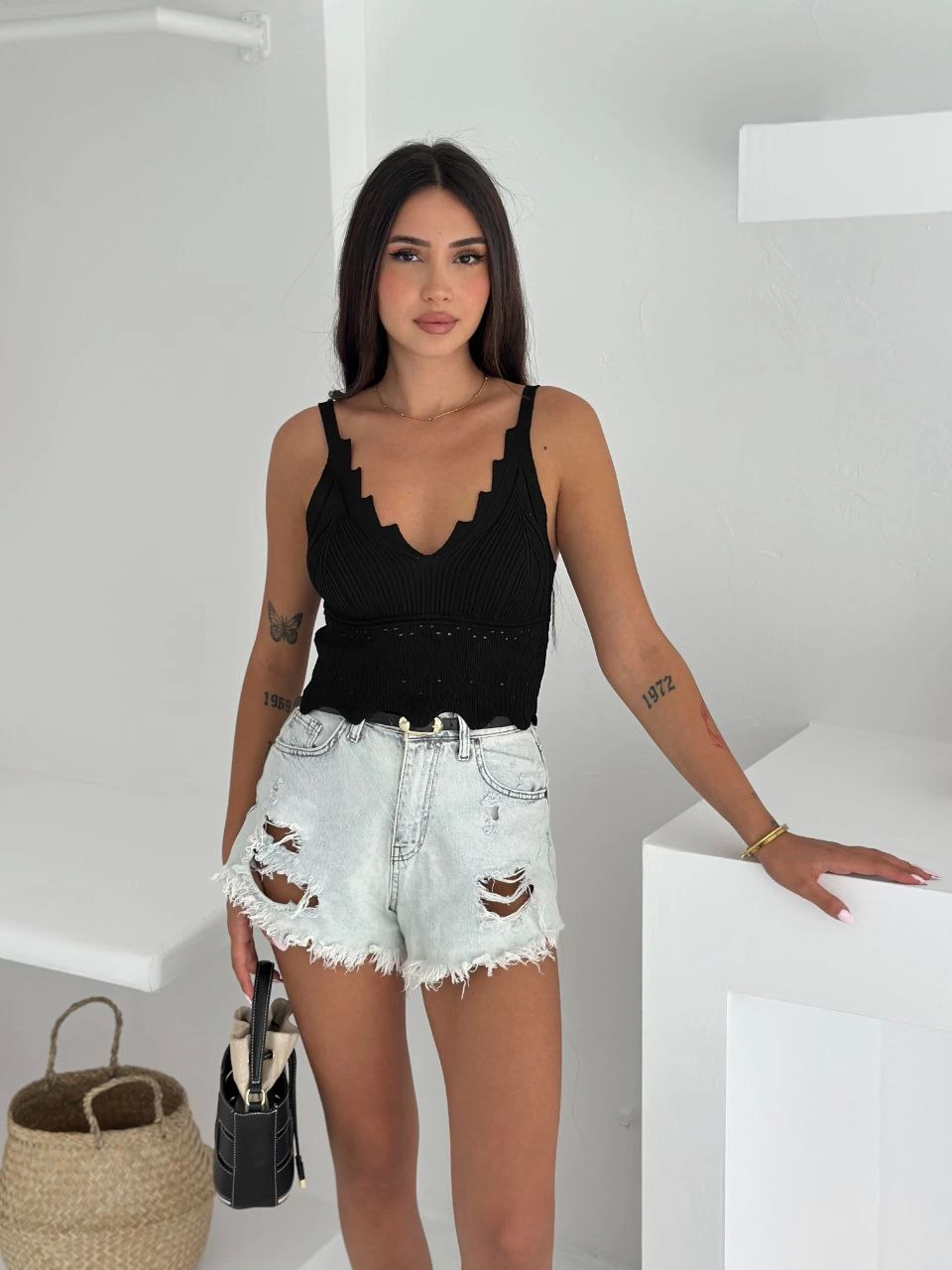 V Collar Strap Back Outdoor Knit Crop - Black