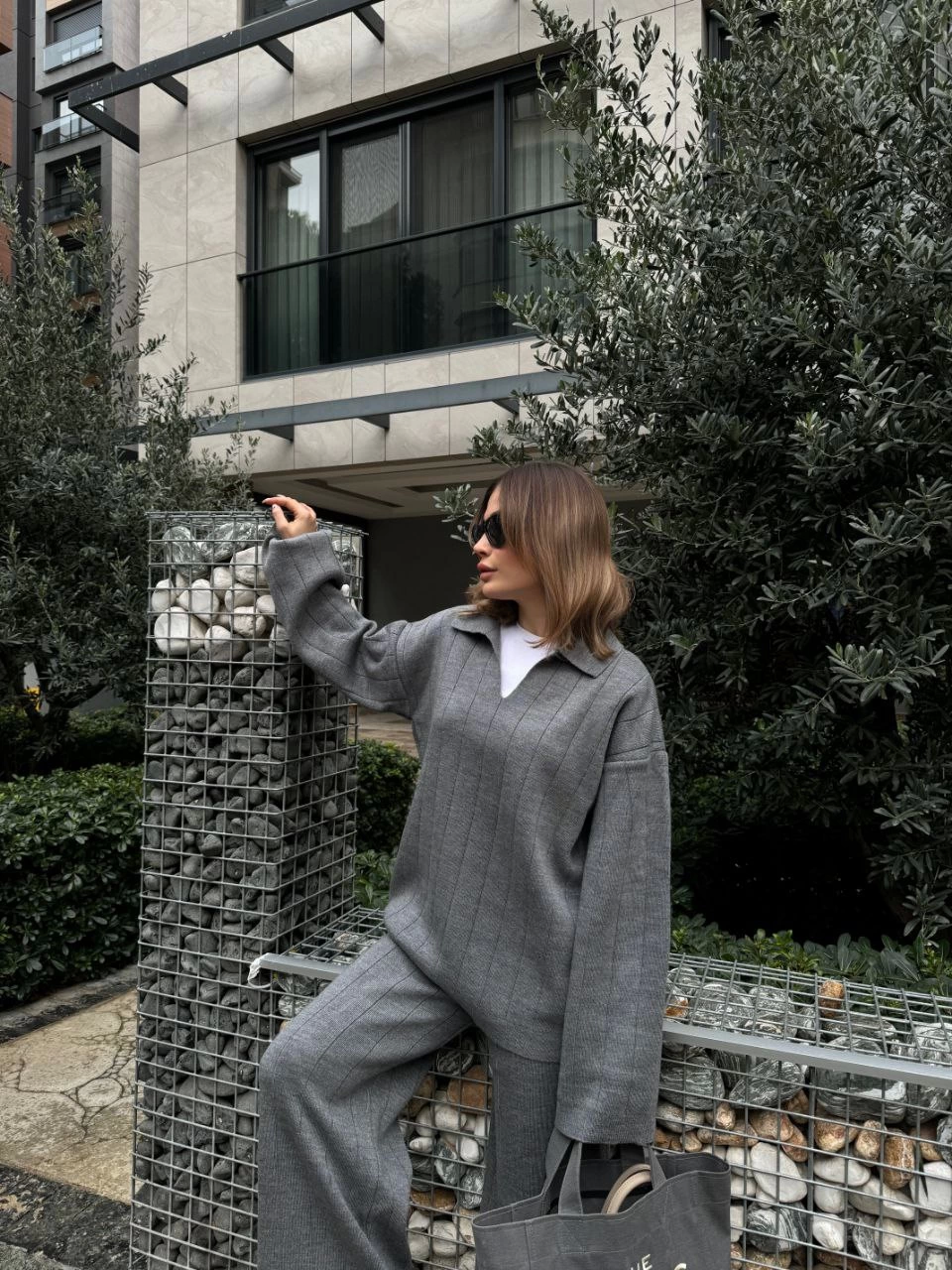 Collar Cizgi Detailed Knitwear Double Tool - Füme