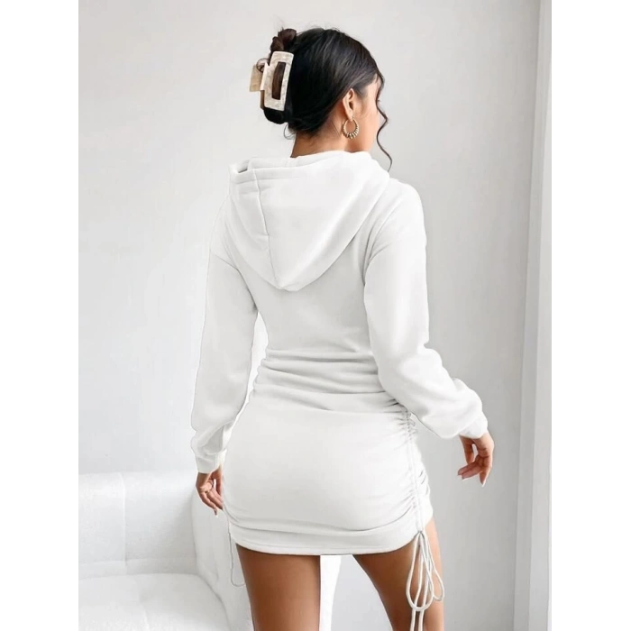 3 iplik şardonlu kapşonlu elbise beyaz