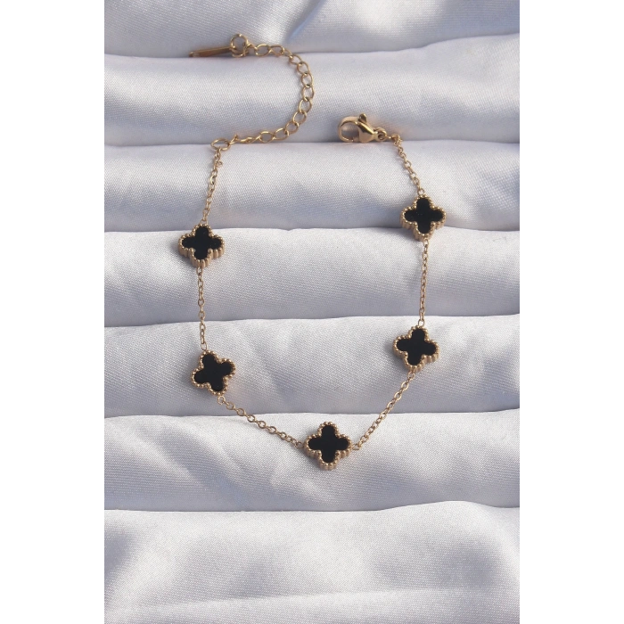 316L Çelik Baby Boy Gold Renk Siyah Mineli Yonca Bileklik