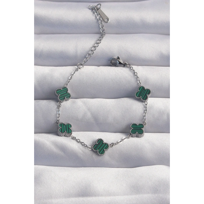 316L Çelik Baby Boy Gümüş Renk Çizgili Yeşil Mineli Yonca Bileklik