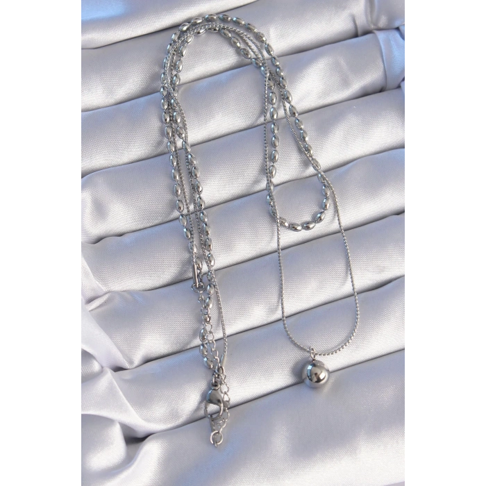 316l Çelik Çift Zincirli Gümüş Renk Topçuk Model Kolye
