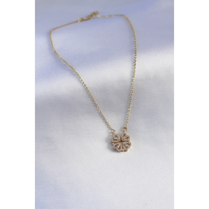 316l Çelik Gold Renk Açılır Zirkon Taşlı Yonca Model Kadın Kolye