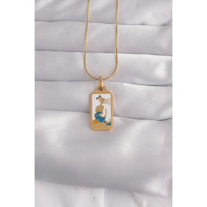 316L Çelik Gold Renk Beyaz Mineli Kız Figür Tarot Kolye