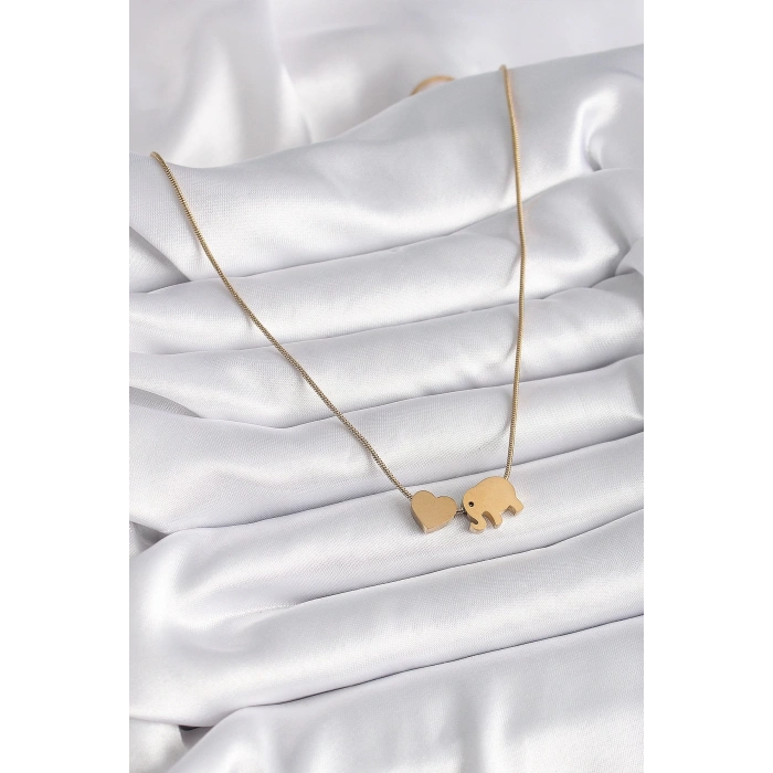 316l Çelik Gold Renk Fil Kalp Figürlü Kadın Kolye