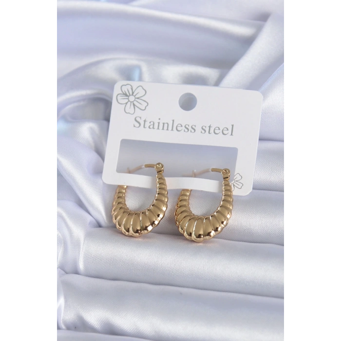 316L Çelik Gold Renk İşlemeli Halka Model Kadın Küpe