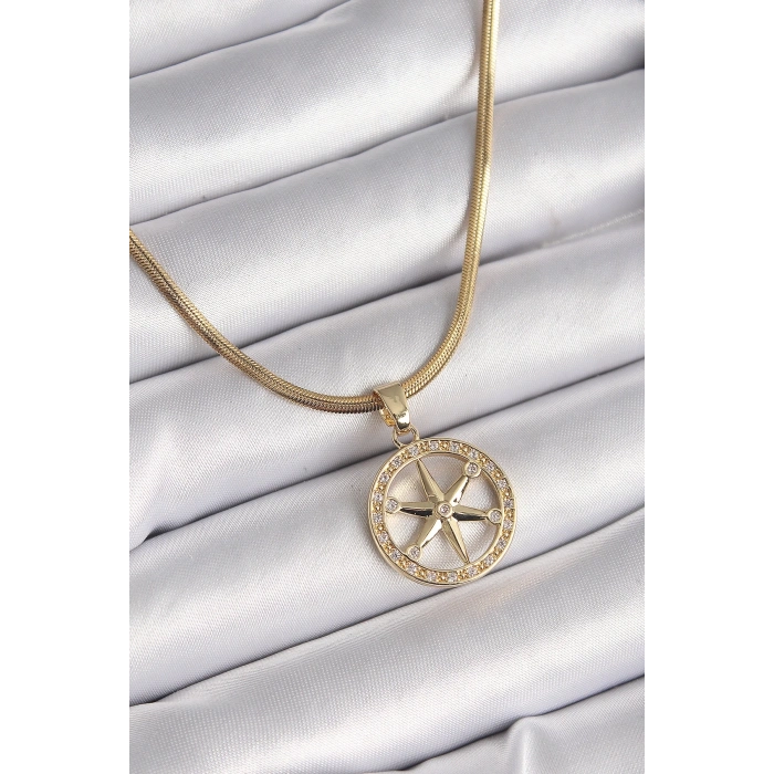 316l Çelik Gold Renk İtalyan Zincir Zirkon Taşlı Kutup Yıldız Model Kadın Kolye