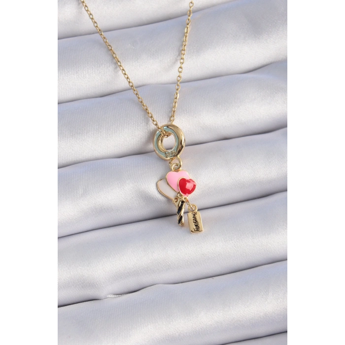 316l Çelik Gold Renk Renkli Kalp Figür Charm Model Kadın Kolye