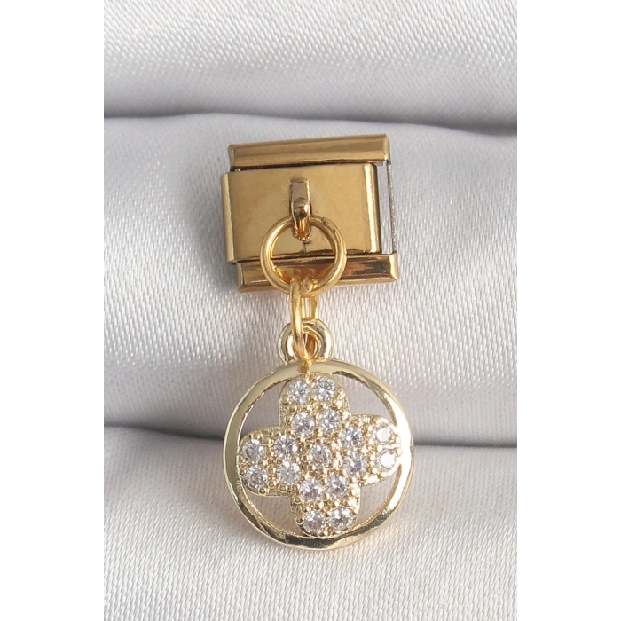 316L Çelik Gold Renk Sallantı Zirkon Taşlı Yonca Model Nomination Charm