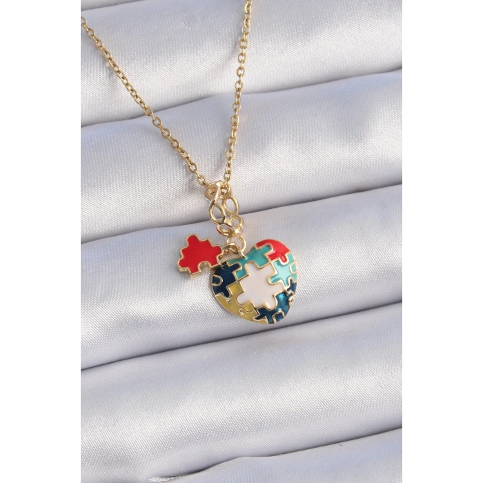 316l Çelik Gold Renk Yapboz Motif Kalp Figür Charm Model Kadın Kolye