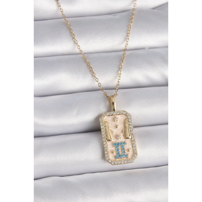 316l Çelik Gold Renk Zincir İkizler Burcu Zirkon Taşlı Kadın Kolye