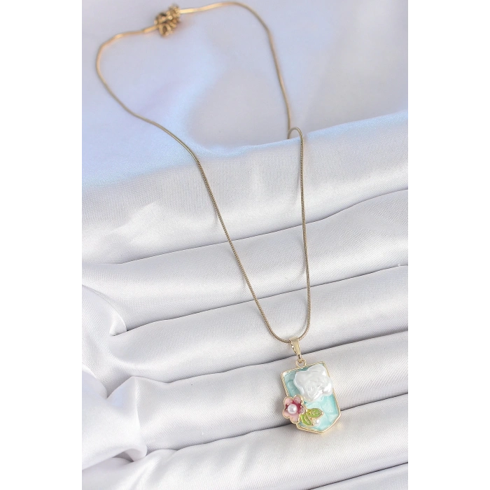 316l Çelik Gold Renk Zincir Mavi Mineli İncili Çiçek İşlemeli Portre Model Kadın Kolye