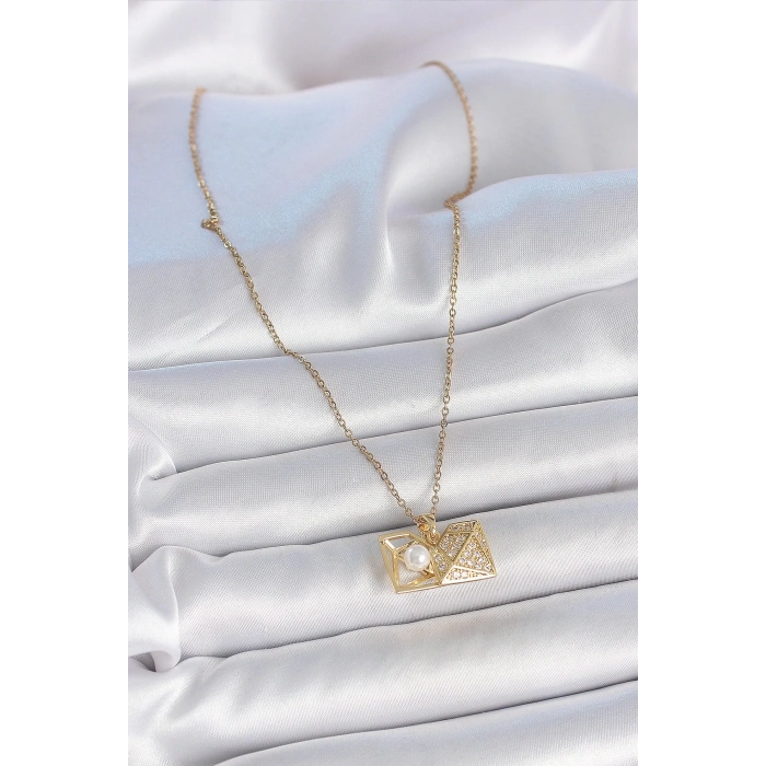 316l Çelik Gold Renk Zincir Zirkon Taşlı Açılır İncili Elmas Model Kadın Kolye