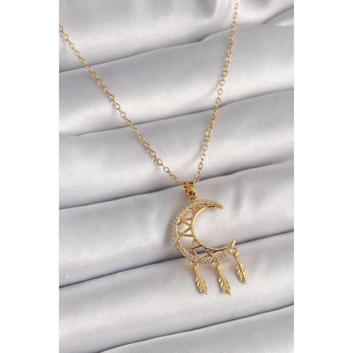 316l Çelik Gold Renk Zincir Zirkon Taşlı Hilal Model Sallantı Yaprak Detay Kadın Kolye