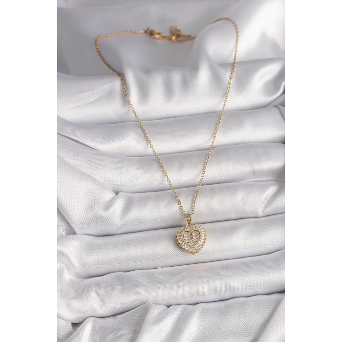 316l Çelik Gold Renk Zincir Zirkon Taşlı Kalp Model Kadın Kolye