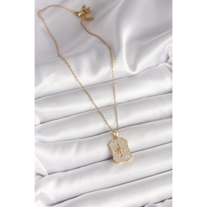 316L Çelik Gold Renk Zincir Zirkon Taşlı Kutup Yıldız İşlemeli Madalyon Model Kadın Kolye