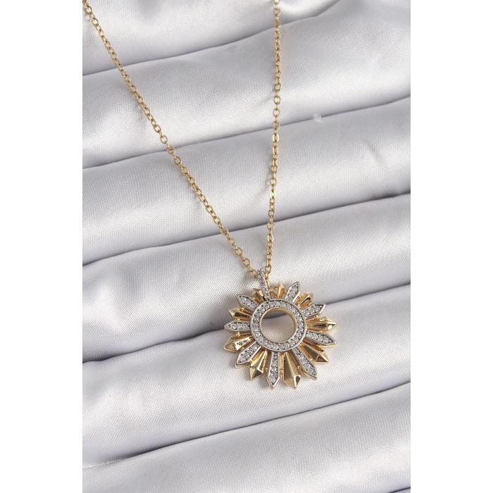 316l Çelik Gold Renk Zincir Zirkon Taşlı Mix Renk Güneş Model Kadın Kolye