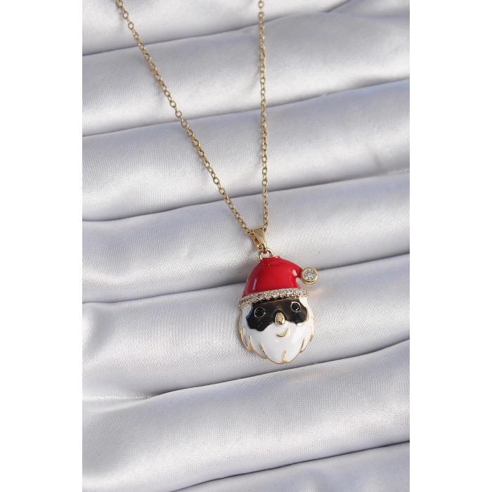 316l Çelik Gold Renk Zincir Zirkon Taşlı Yılbaşı Temalı Noel Baba Figür Kadın Kolye